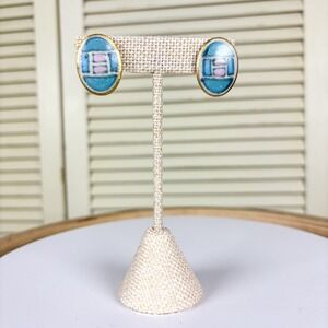 Artisan MVB Blue Pink Enamel Stud Earrings Geometric Hand Painted Signed Vintage